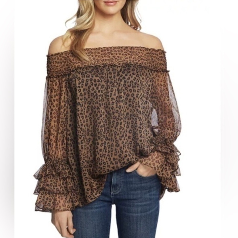Cece Leopard Print Off-Shoulder Top with 3-Tier Ruffle Sleeve